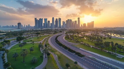 West Bay, Doha Skyline, Park, and Roadways at Sunset