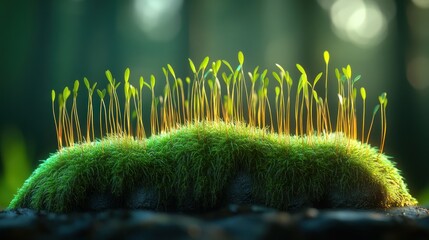 Fototapeta premium Emerging sprouts on a moss bed bathed in sunlight