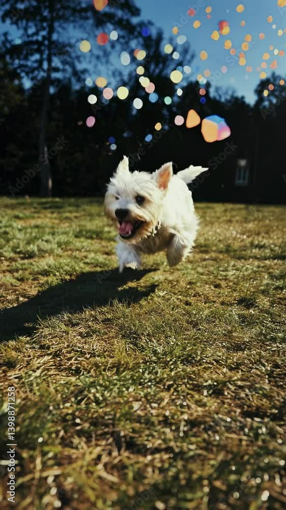 Poster a joyful dog runs on grass under a sunny sky, captured from a low-angle. bokeh lights add a whimsica