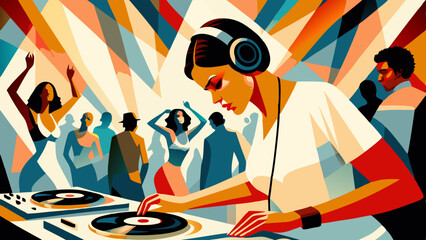 Female DJ performs energetically at nightclub, immersed in music. Vibrant club lights create dynamic atmosphere. Concept: Music venue, Entertainment industry, Club promotion