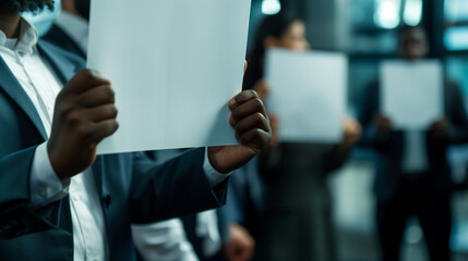 Obraz premium Diverse group of determined employees holding blank protest signs at workplace, advocating for change and unity in corporate environment. Workplace activism and social justice concepts.