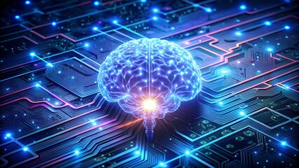 Fototapeta premium Glowing Digital AI Brain Surrounded by Circuit Chips and Electric Pulses