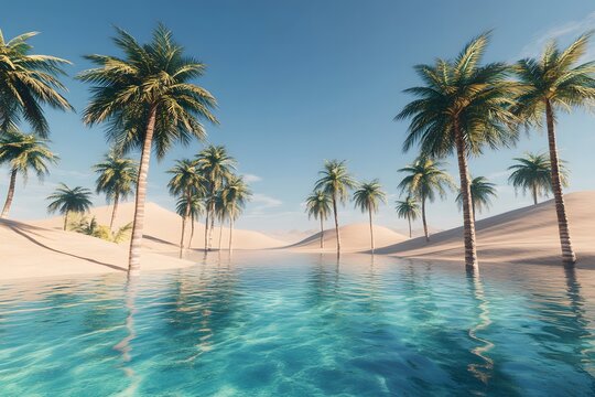 Serene oasis with palm trees reflected in crystal clear water under a bright blue sky on a sunny day