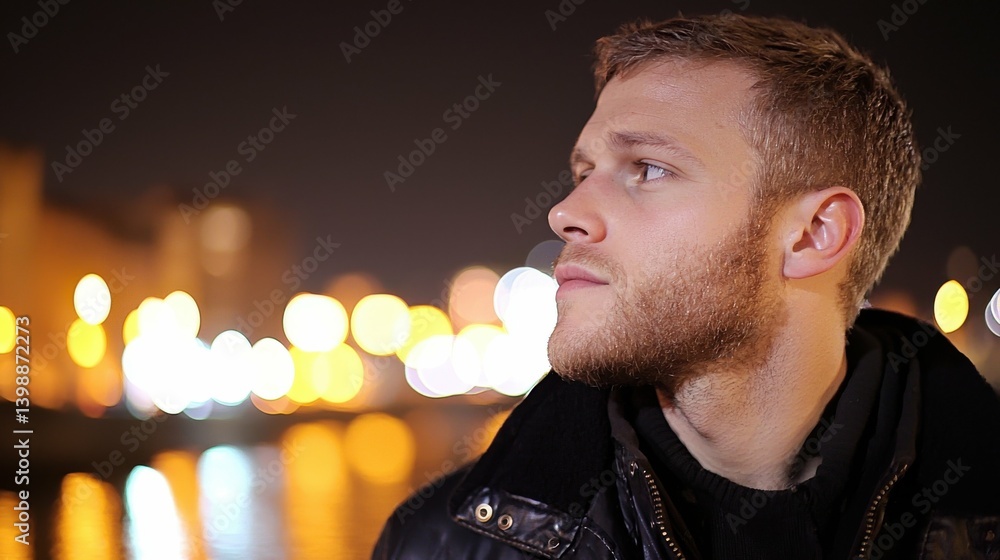 Poster a man with a beard and a black jacket is looking at the camera. the image has a moody and mysterious