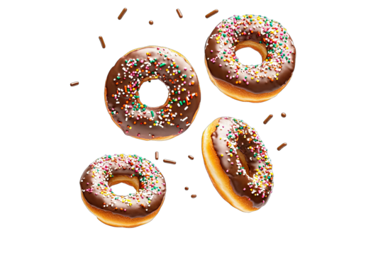 four chocolate-glazed donuts topped with colorful sprinkles arranged in a playful manner against a white background emphasizing their delicious appearance
