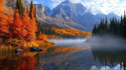 Naklejka premium Scenic autumn lake landscape with mountain reflection