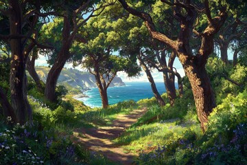 Fototapeta premium Coastal forest path sunlit nature trail with ocean view