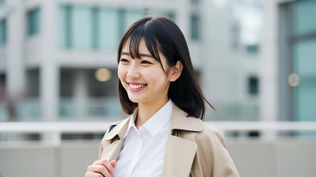新卒女性が晴れやかな表情で出勤する朝のオフィス街