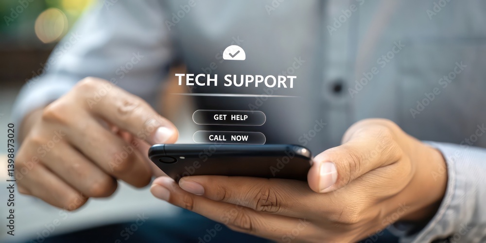 Poster tech support at your fingertips: a person interacts with a smartphone interface labeled 