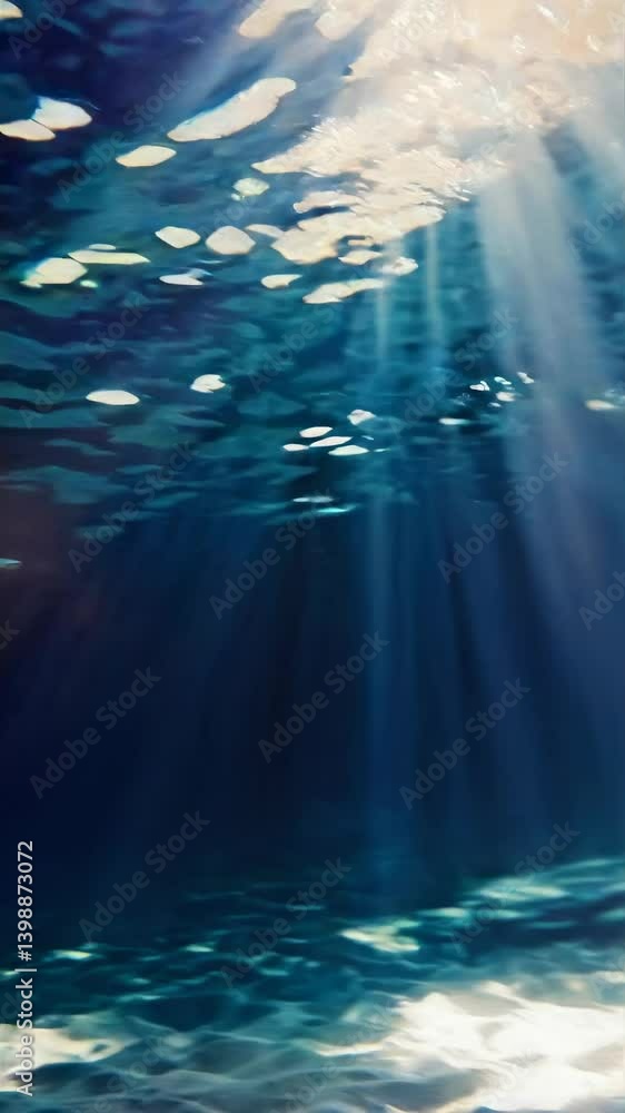 Poster underwater scene with sun rays penetrating the surface, creating a serene, ethereal atmosphere. shot