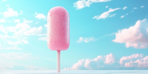 Sweet Candy Bliss: A delightful, photorealistic pink candy, rests gracefully, set against a clear blue sky dotted with soft, fluffy clouds, evokes pure bliss.