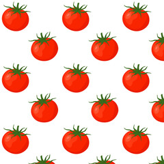Pattern with tomato. Ripe juicy red tomato on a white background. Seamless vector background. For printing on paper, packaging, web and surfaces.