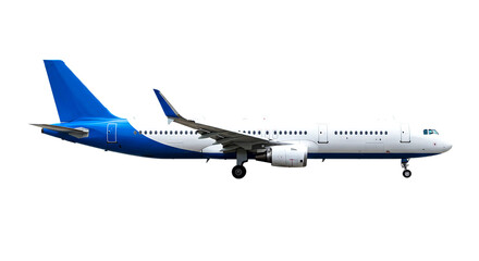 Obraz premium A long white airplane with a blue tail and blue accents is seen against a black background isolated shot