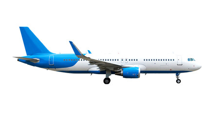 Obraz premium Side view of a passenger airplane with blue accents on a black background parked on the tarmac area