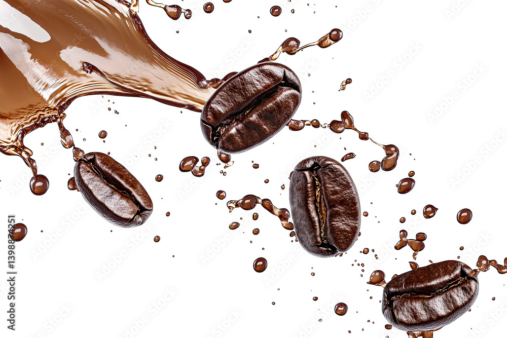 Poster coffee beans splashing in rich liquid emphasizing the dynamic relationship between coffee and its pr
