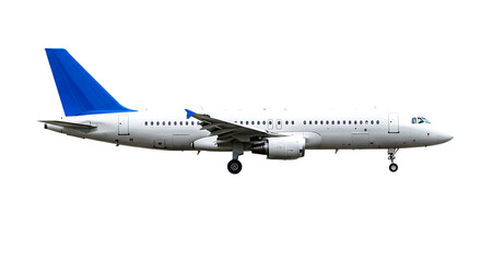 Obraz premium Side view of a white airplane with a blue tail fin and visible landing gear against a black background