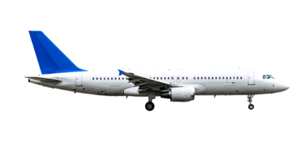 Side view of a white airplane with a blue tail fin and visible landing gear against a black background