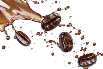 coffee beans splashing in rich liquid emphasizing the dynamic relationship between coffee and its preparation it highlights the beauty and energy of coffee culture
