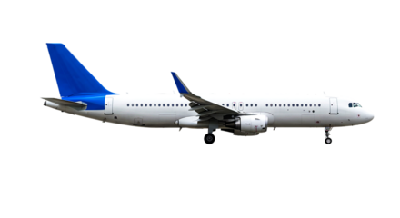 A side view of a white airplane with blue tail wing isolated on a black background in the daytime