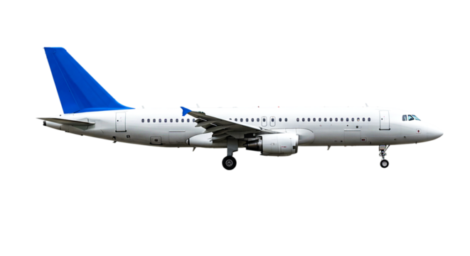 Side view of a white airplane with a blue tail fin and visible landing gear against a black background