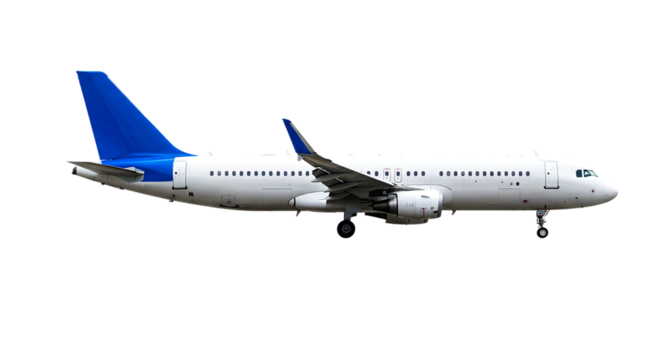 A side view of a white airplane with blue tail wing isolated on a black background in the daytime