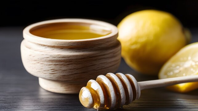 Golden honey in a rustic wooden bowl with a honey dipper and fresh lemons sits on a dark table perfect for healthy food or beverage imagery.
