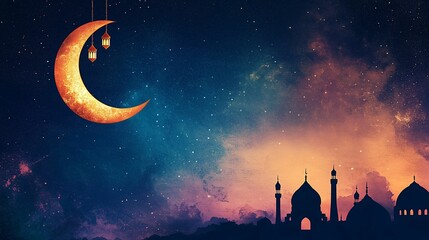 Ramadan, featuring the crescent moon and silhouette of an Islamic mosque against a starry night sky with blue and orange sky. Horizontal banner. 