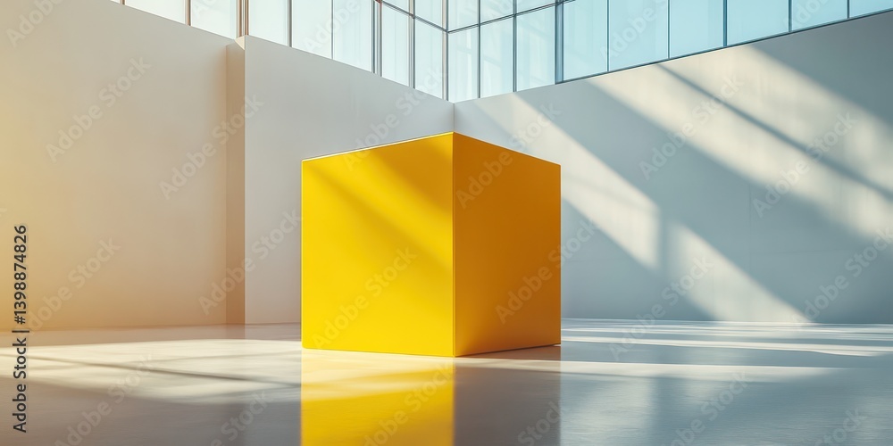 Poster a radiant yellow cube in an architectural setting bathed in sunlight, creating an interplay of light