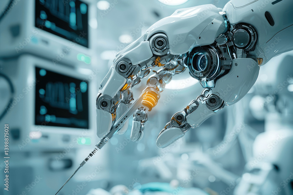 Poster a robotic hand precisely holds a syringe in a futuristic medical setting, showcasing advanced automa