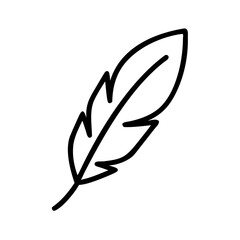 Black outline icon of single feather with curved shape on white background representing lightness, writing and freedom concept
