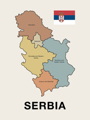 Serbia map. Vector Serbia map with flag isolated on beige background. With detailed regions. Perfect for educational, geographical, and travel-related projects.