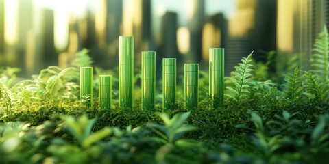Green graph representing growth and environmental sustainability, with a cityscape backdrop