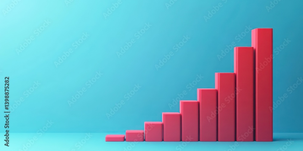 Poster a 3d rendering of a vibrant red bar chart ascending against a bright cyan backdrop, showcasing growt