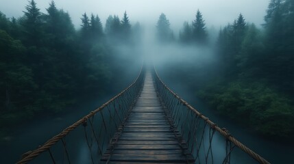 Naklejka premium Enchanting Foggy Forest Bridge Over Water Mysterious Atmosphere Nature Photography Adventure