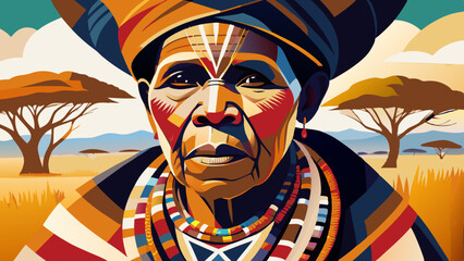 Ndebele woman in traditional attire looking at camera with dignity. Authentic cultural portrait against African savanna. Heritage preservation concept for cultural museums, ethnic fashion, education