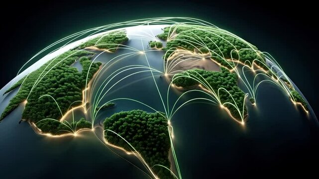 3D rendering of global shipping ecosystem with land, sea, and air routes connected by green eco lines, Integrated Global Shipping Ecosystem Animation with Land, Sea and Air Routes in Eco Design