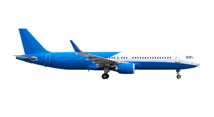 Fototapeta premium A blue and white passenger airplane is seen on a black background in a side view on the ground
