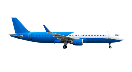 A blue and white passenger airplane is seen on a black background in a side view on the ground