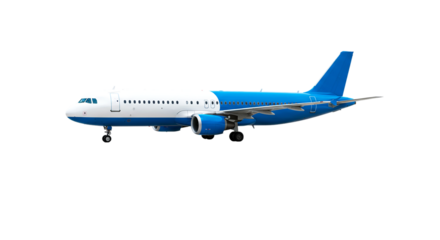 Side view of a blue and white passenger airplane with visible engines and multiple windows on black