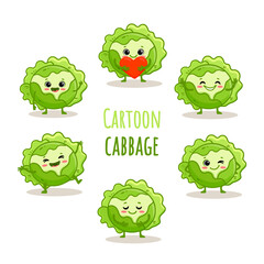 Obraz premium set of cute cartoon cabbage characters with emotions. Cute vegetable with heart isolated on white background. Funny cabbage in different poses. 