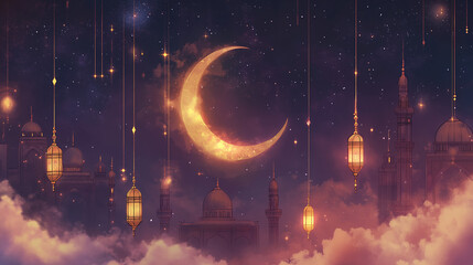 Ramadan, featuring a crescent moon with lanterns hanging from it, set against the night sky with clouds and stars. The scene includes Arabic buildings silhouetted in the background. 