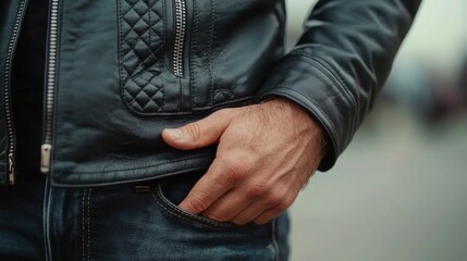 Fototapeta premium A man wearing a black leather jacket and jeans is posing for a picture. He has a hand in his pocket and is looking at the camera. Concept of confidence and style