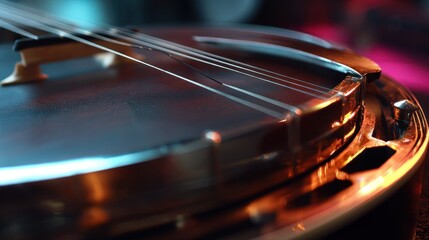 Close-up of a dark, shiny snare drum under warm dramatic lighting