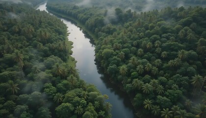 River Flowing Through Tropical Forest Canopy Aerial View