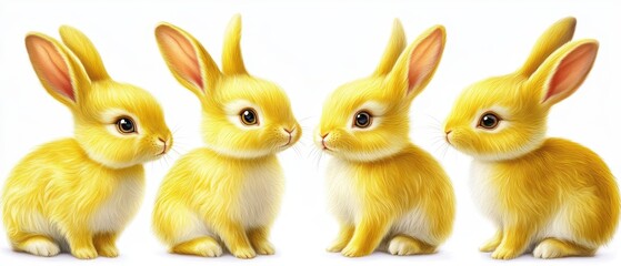 Fototapeta premium Three yellow rabbits sit side by side on a white surface.