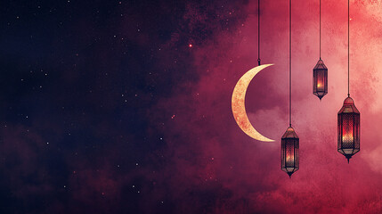 Eid Mubarak and Ramadan Kareem greetings with Islamic lanterns, crescent moon, and red purple sky background, with copy space on the left side. 