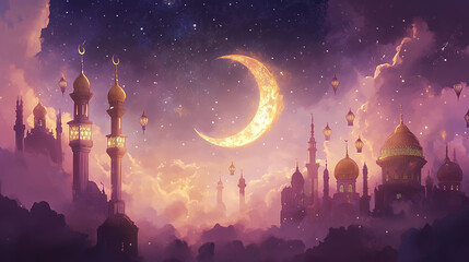 Arabian night sky with a crescent moon and mosque, in a purple color tone. Horizontal web banner. 