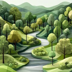 Abstract geometric forest landscape with winding path and stream