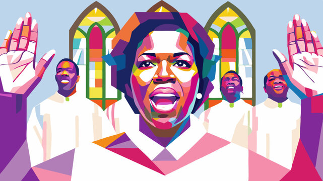 African American gospel choir in vibrant church interior, stylized with raised hands Concept music, spirituality, choir, gospel, worship, unity, culture, church program, music visual, community poster