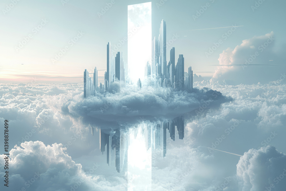 Poster a futuristic city floats on a cloud, a luminous gateway in the center, ethereal and surreal.